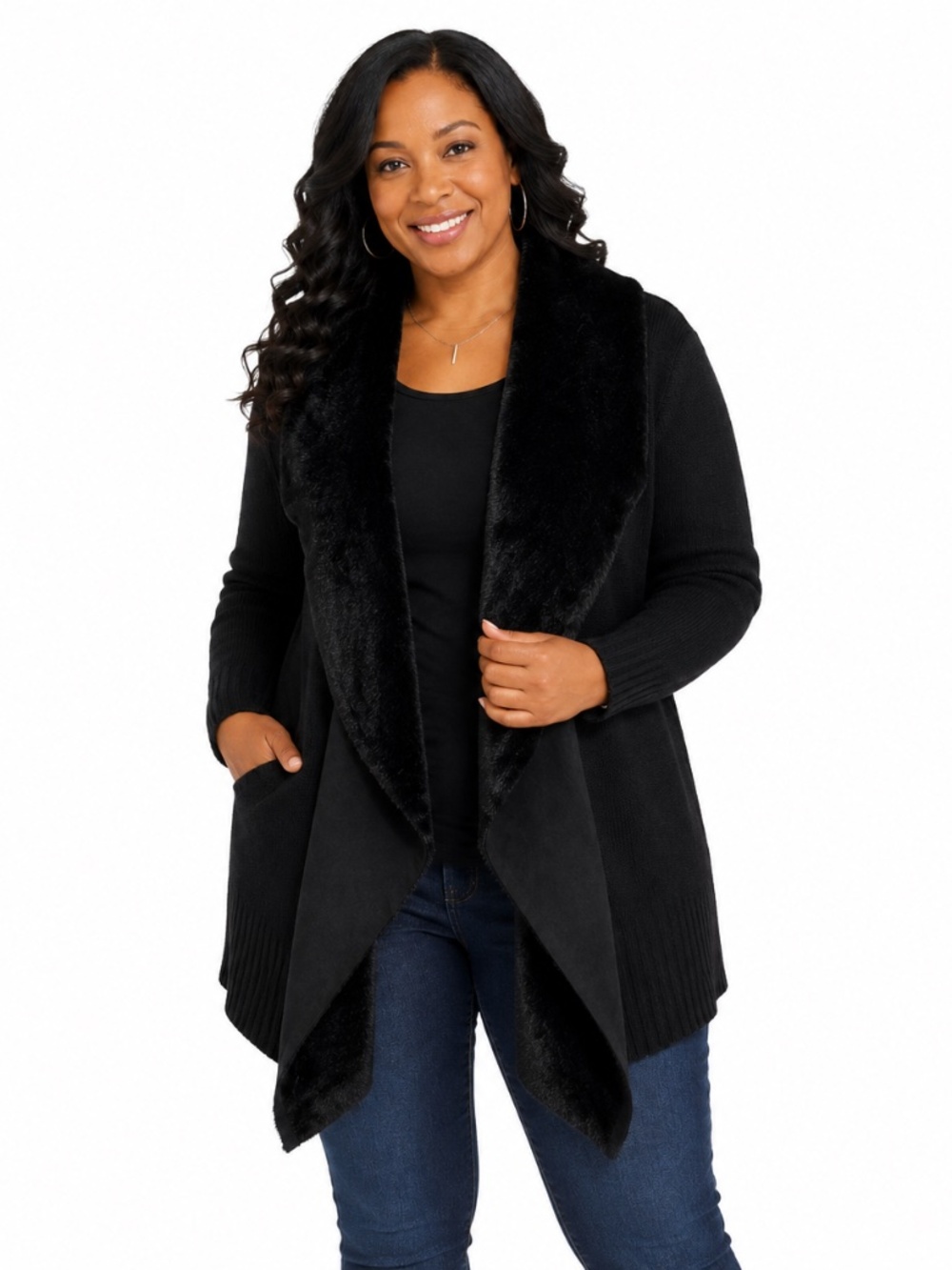 Maurices Black Faux Fur Collar Open Front Cardigan Sweater XL